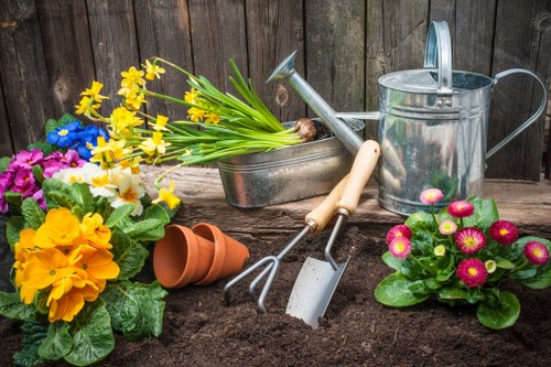 Materials and tools prepared for a landscaping project