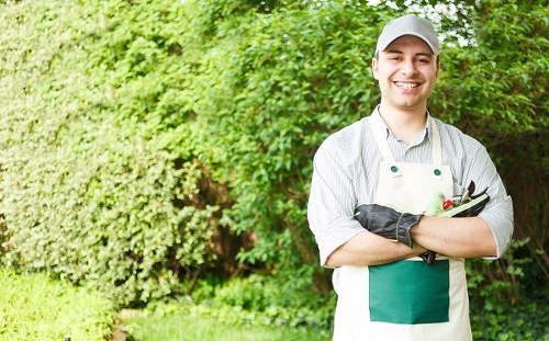 Trained landscaper wearing PPE while carrying out garden maintenance